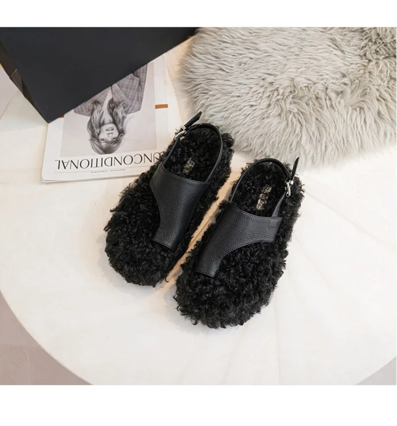 Cozy Warm Fluffy Flat Slippers Women Fashion Clip Toe Back Strap Buckle Designer Shoes 42 Plus Size Flip Flops Zapatos De Mujer