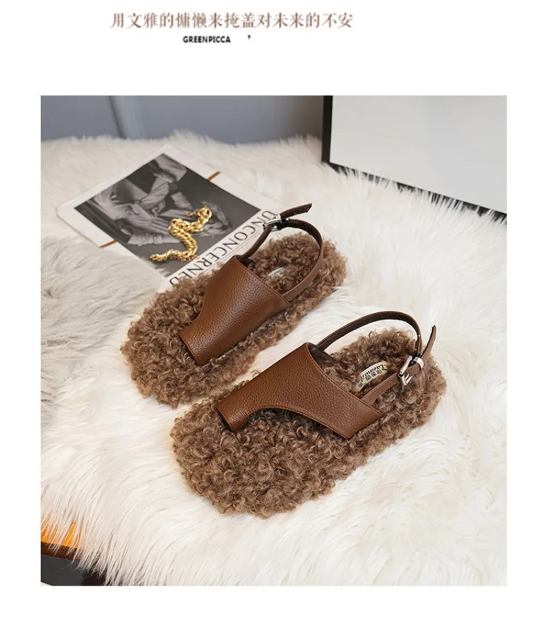 Cozy Warm Fluffy Flat Slippers Women Fashion Clip Toe Back Strap Buckle Designer Shoes 42 Plus Size Flip Flops Zapatos De Mujer