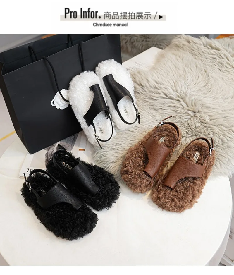 Cozy Warm Fluffy Flat Slippers Women Fashion Clip Toe Back Strap Buckle Designer Shoes 42 Plus Size Flip Flops Zapatos De Mujer