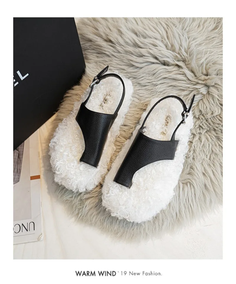 Cozy Warm Fluffy Flat Slippers Women Fashion Clip Toe Back Strap Buckle Designer Shoes 42 Plus Size Flip Flops Zapatos De Mujer