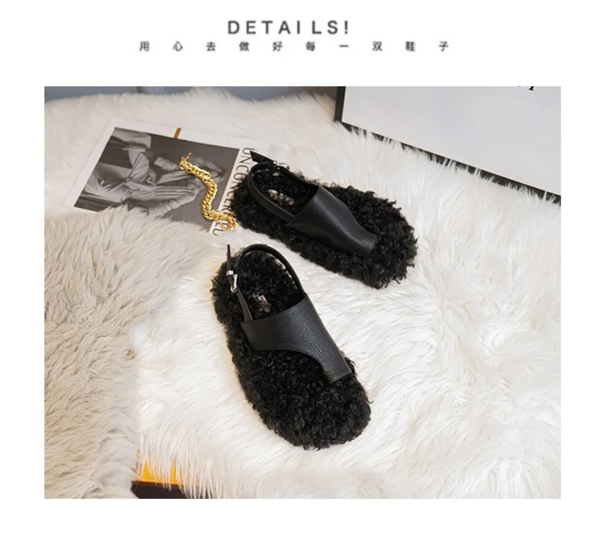 Cozy Warm Fluffy Flat Slippers Women Fashion Clip Toe Back Strap Buckle Designer Shoes 42 Plus Size Flip Flops Zapatos De Mujer