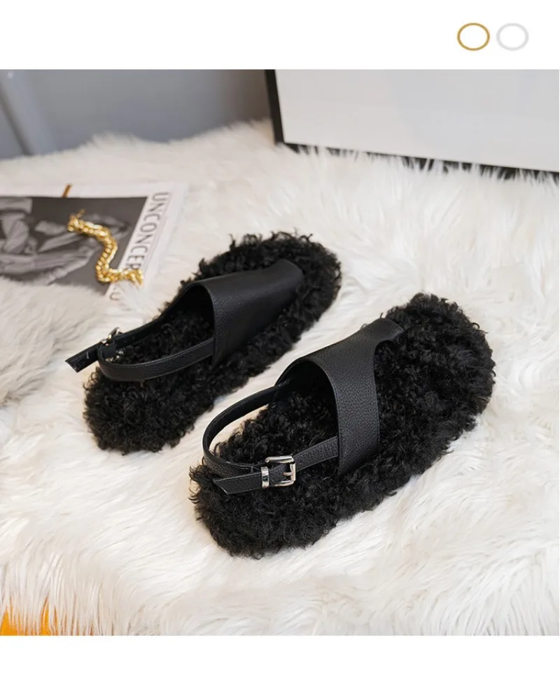 Cozy Warm Fluffy Flat Slippers Women Fashion Clip Toe Back Strap Buckle Designer Shoes 42 Plus Size Flip Flops Zapatos De Mujer