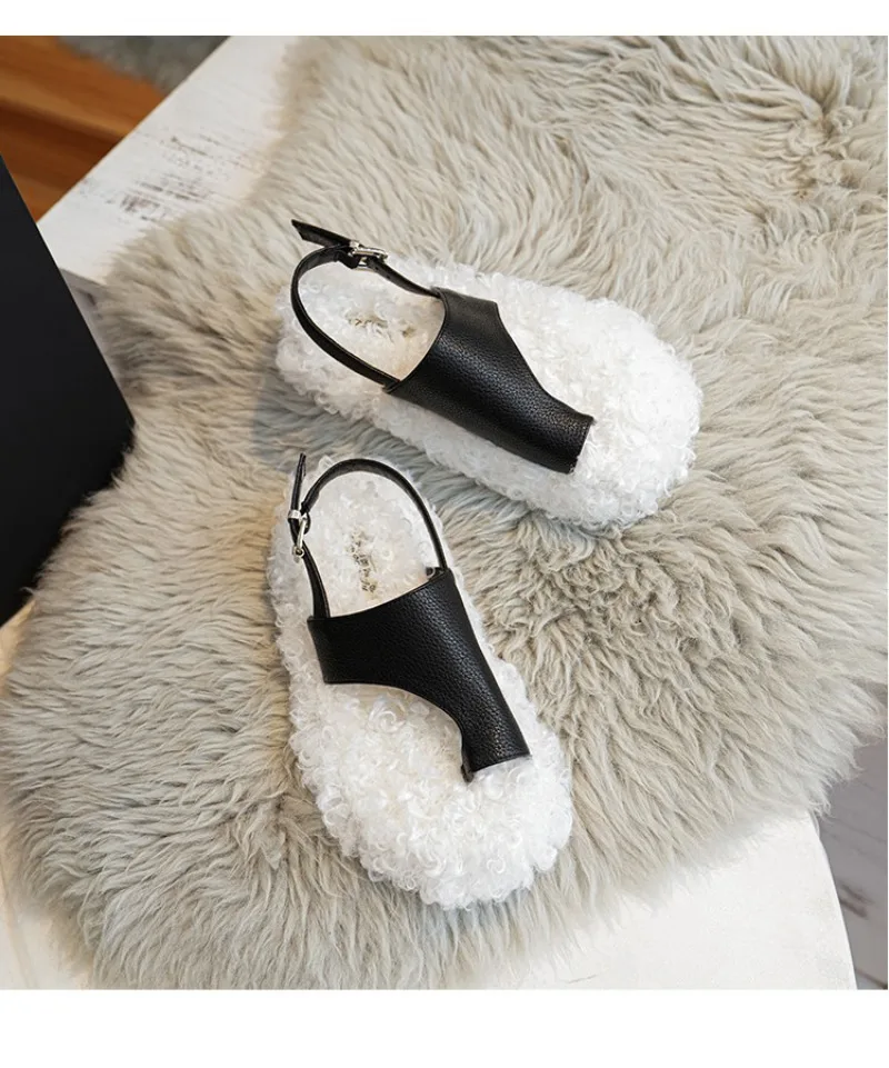 Cozy Warm Fluffy Flat Slippers Women Fashion Clip Toe Back Strap Buckle Designer Shoes 42 Plus Size Flip Flops Zapatos De Mujer
