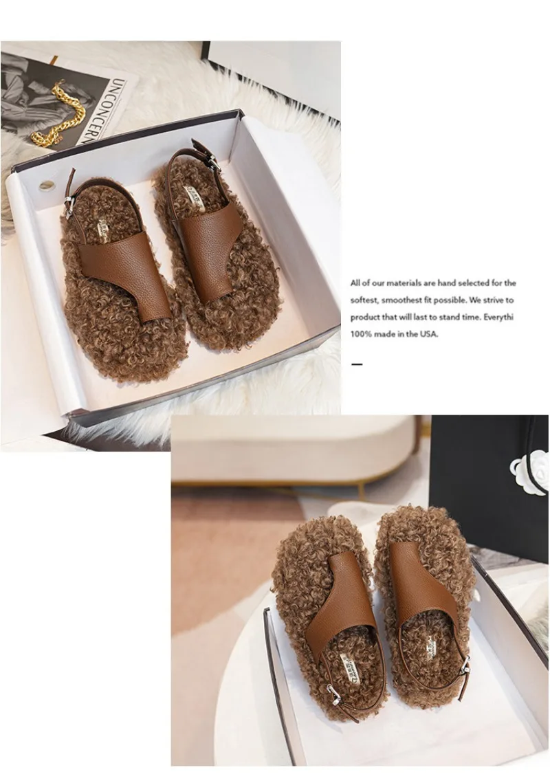 Cozy Warm Fluffy Flat Slippers Women Fashion Clip Toe Back Strap Buckle Designer Shoes 42 Plus Size Flip Flops Zapatos De Mujer