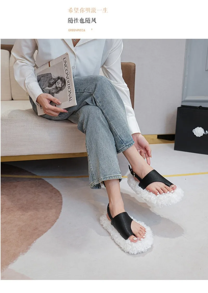 Cozy Warm Fluffy Flat Slippers Women Fashion Clip Toe Back Strap Buckle Designer Shoes 42 Plus Size Flip Flops Zapatos De Mujer