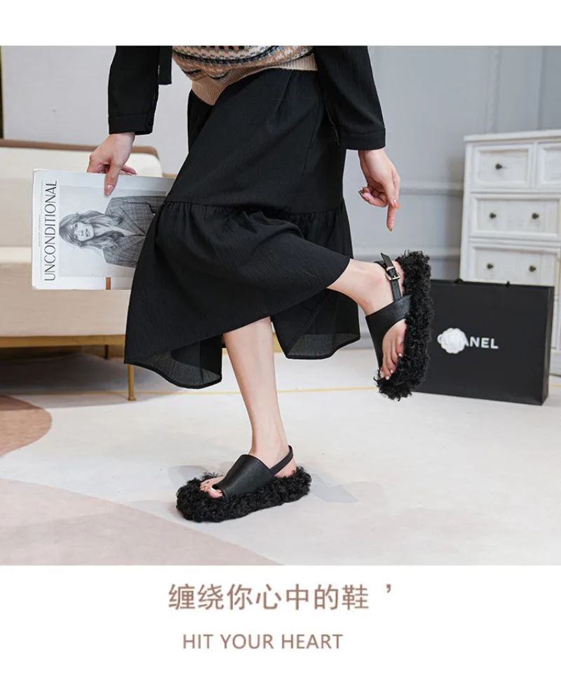 Cozy Warm Fluffy Flat Slippers Women Fashion Clip Toe Back Strap Buckle Designer Shoes 42 Plus Size Flip Flops Zapatos De Mujer