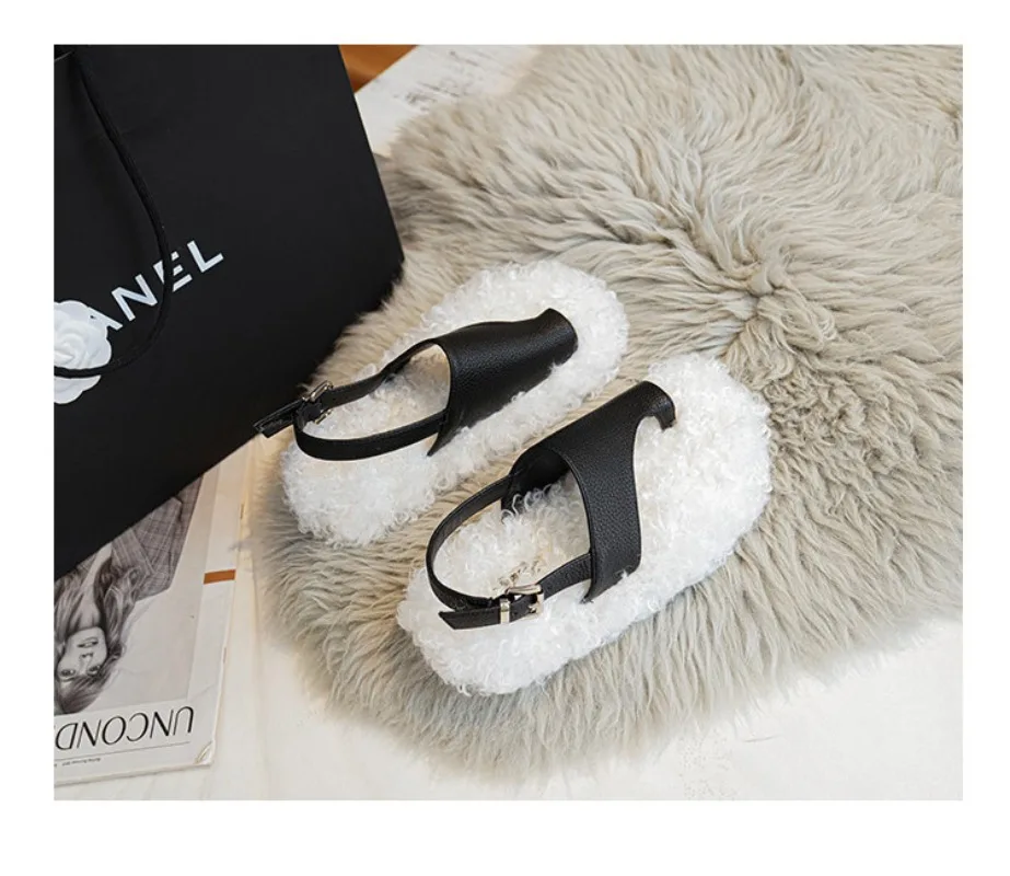 Cozy Warm Fluffy Flat Slippers Women Fashion Clip Toe Back Strap Buckle Designer Shoes 42 Plus Size Flip Flops Zapatos De Mujer