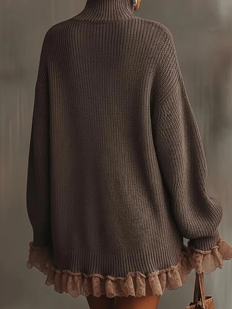 Autumn Winter Turtleneck Simple Sweater Dress, Women Holiday Casual Patchwork Mini Dress, Long Petal Sleeve Sweet Ladies Dress