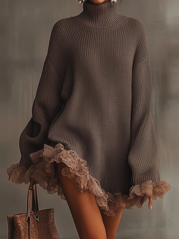 Autumn Winter Turtleneck Simple Sweater Dress, Women Holiday Casual Patchwork Mini Dress, Long Petal Sleeve Sweet Ladies Dress