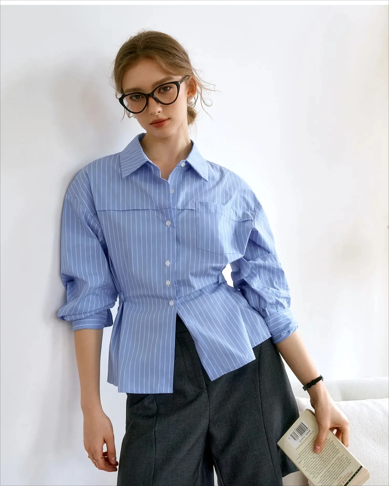 OLrain Woman Fitted Shirts 2026 Spring Fall French Striped Button up Long Sleeve Blouses Commute Women's Clothing O24QC82815