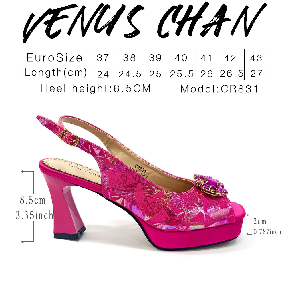 Elegant Women Heels for Peep Toe Good Material Design Rhinestone Fuchsia Sandals Italian Shoes and Bags Matching Set 2025