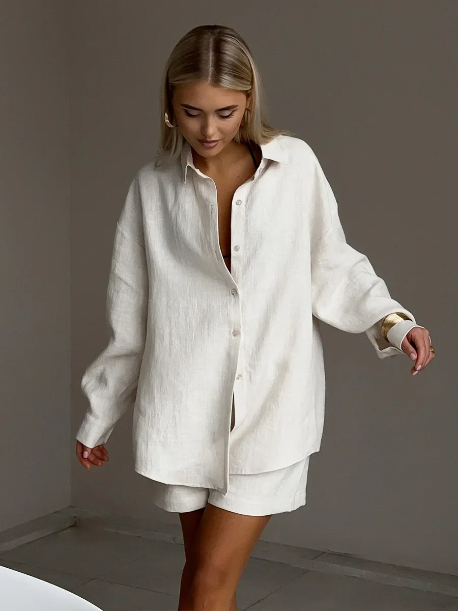 Bornladies Women's Cotton Casual Shorts Set Solid Color Lapel Long Sleeve Shirt Elastic Waist Shorts Outfit Daily Vacation Wear