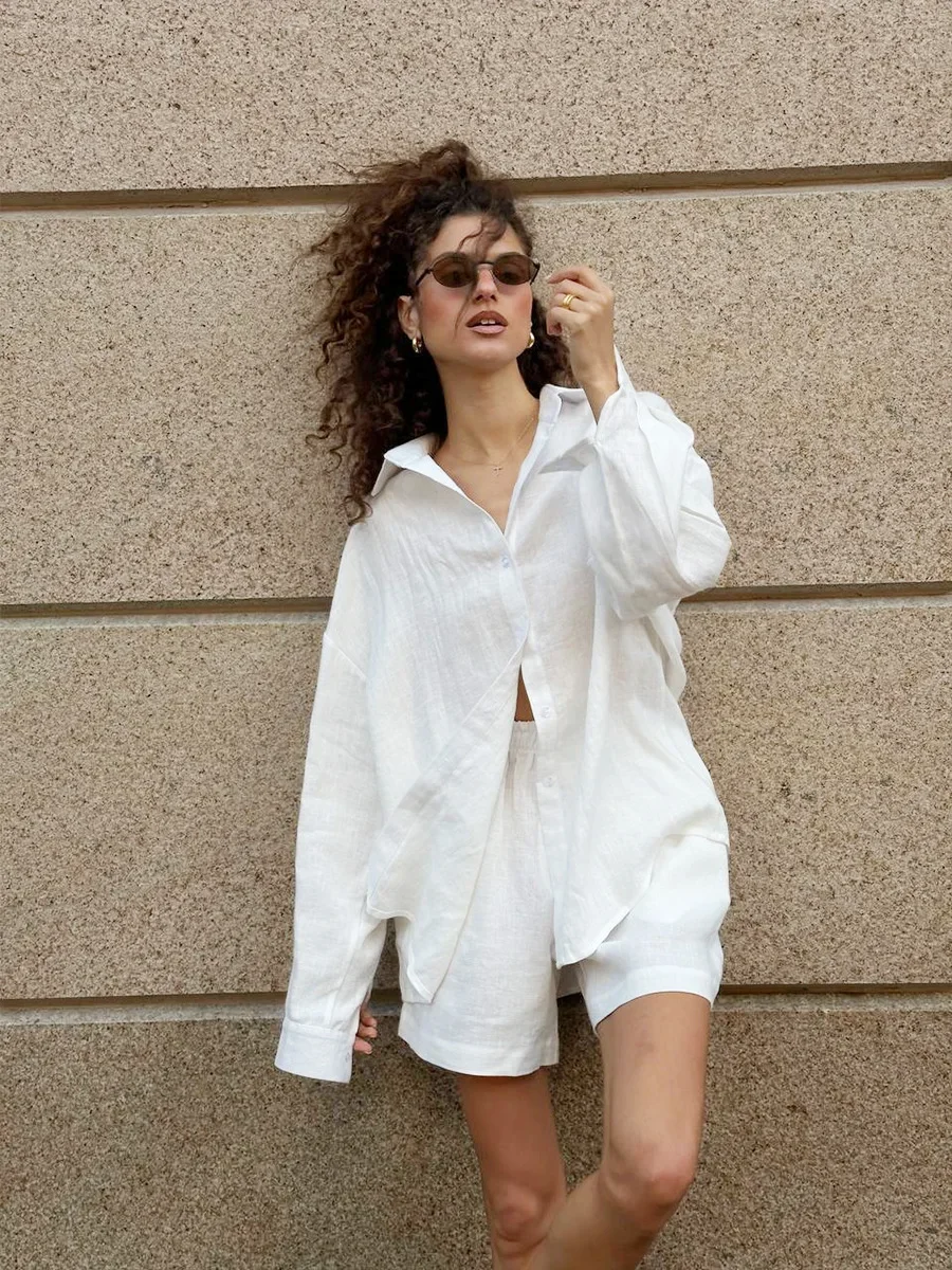Bornladies Women's Cotton Casual Shorts Set Solid Color Lapel Long Sleeve Shirt Elastic Waist Shorts Outfit Daily Vacation Wear