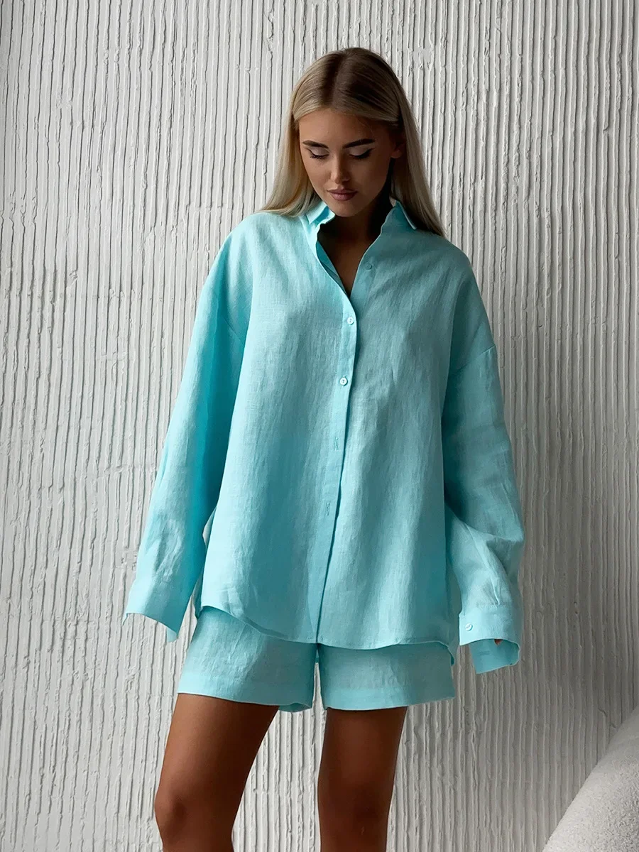Bornladies Women's Cotton Casual Shorts Set Solid Color Lapel Long Sleeve Shirt Elastic Waist Shorts Outfit Daily Vacation Wear