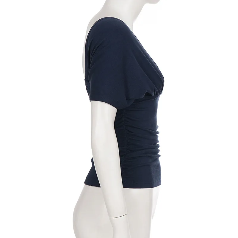 Talenza Casual Women's Tops Fashion V Neck Hollow Pleated Solid Short Sleeve T-Shirt Summer Streetwear Elegant Women's T-Shirts