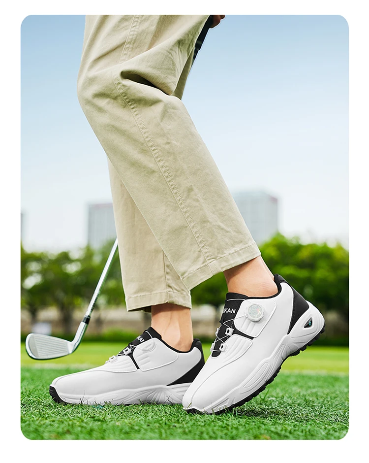 Men Rotary Buckle Golf Shoes Waterproof Leather Air Cushion Non Slip Breathable Training Sneakers 2 Colors