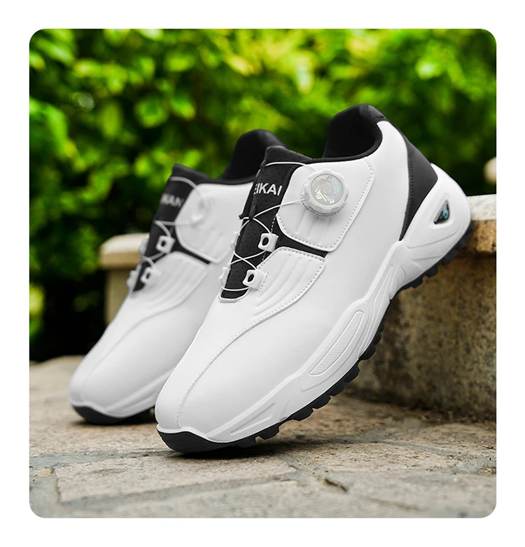 Men Rotary Buckle Golf Shoes Waterproof Leather Air Cushion Non Slip Breathable Training Sneakers 2 Colors