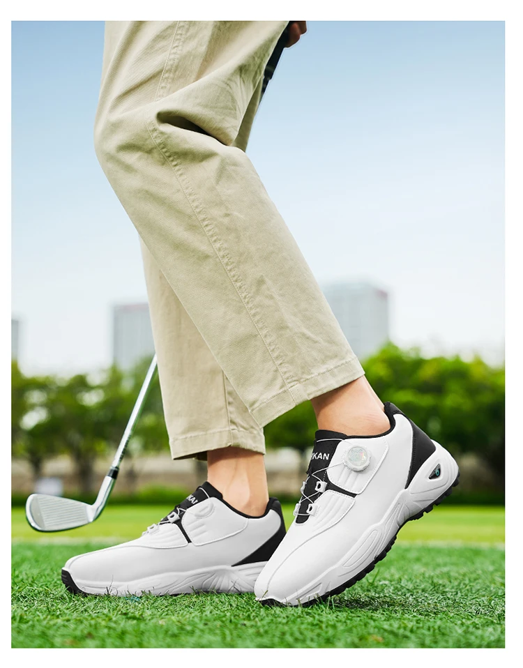 Men Rotary Buckle Golf Shoes Waterproof Leather Air Cushion Non Slip Breathable Training Sneakers 2 Colors