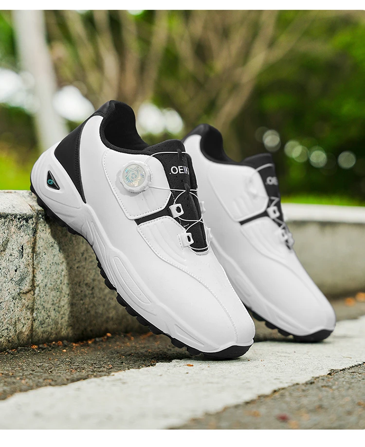 Men Rotary Buckle Golf Shoes Waterproof Leather Air Cushion Non Slip Breathable Training Sneakers 2 Colors