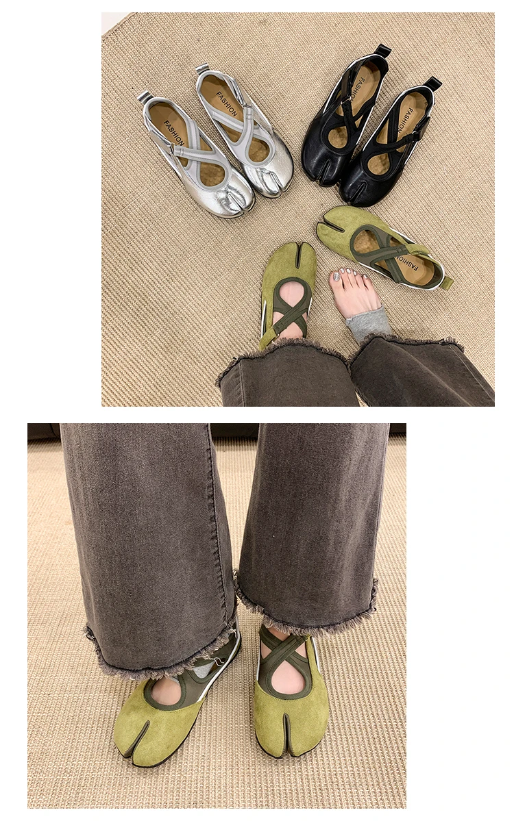 Women's 2026 New Tabi Ballet Flats Cross Strap Buckle Soft Leather Casual Shoes for Women Daily Outdoor Street Wear All Seasons