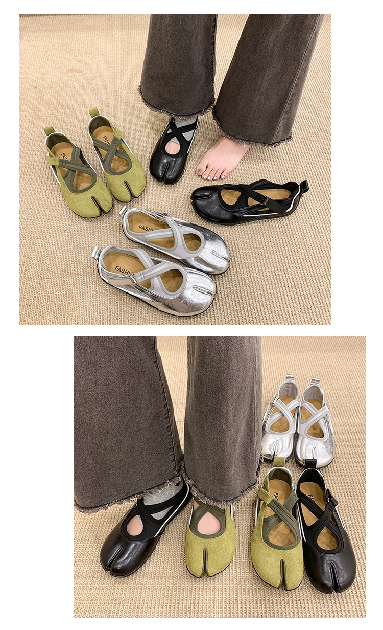 Women's 2026 New Tabi Ballet Flats Cross Strap Buckle Soft Leather Casual Shoes for Women Daily Outdoor Street Wear All Seasons