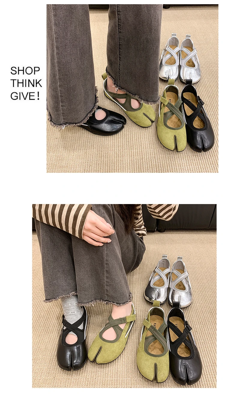 Women's 2026 New Tabi Ballet Flats Cross Strap Buckle Soft Leather Casual Shoes for Women Daily Outdoor Street Wear All Seasons