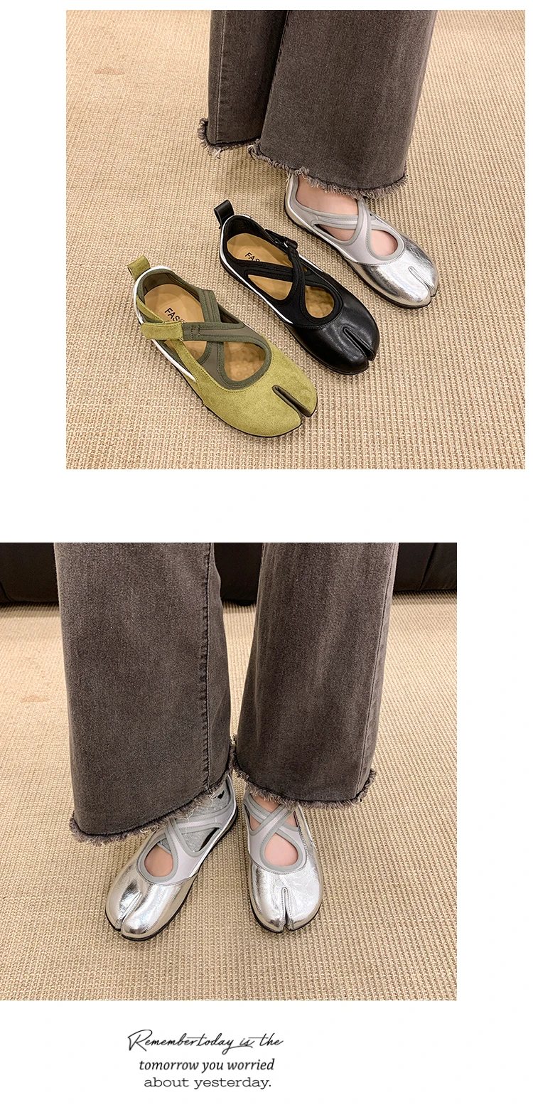 Women's 2026 New Tabi Ballet Flats Cross Strap Buckle Soft Leather Casual Shoes for Women Daily Outdoor Street Wear All Seasons