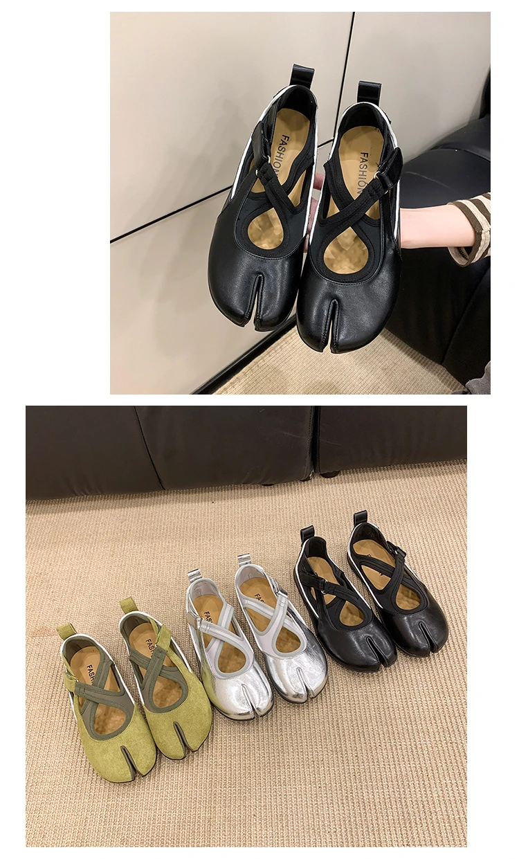 Women's 2026 New Tabi Ballet Flats Cross Strap Buckle Soft Leather Casual Shoes for Women Daily Outdoor Street Wear All Seasons