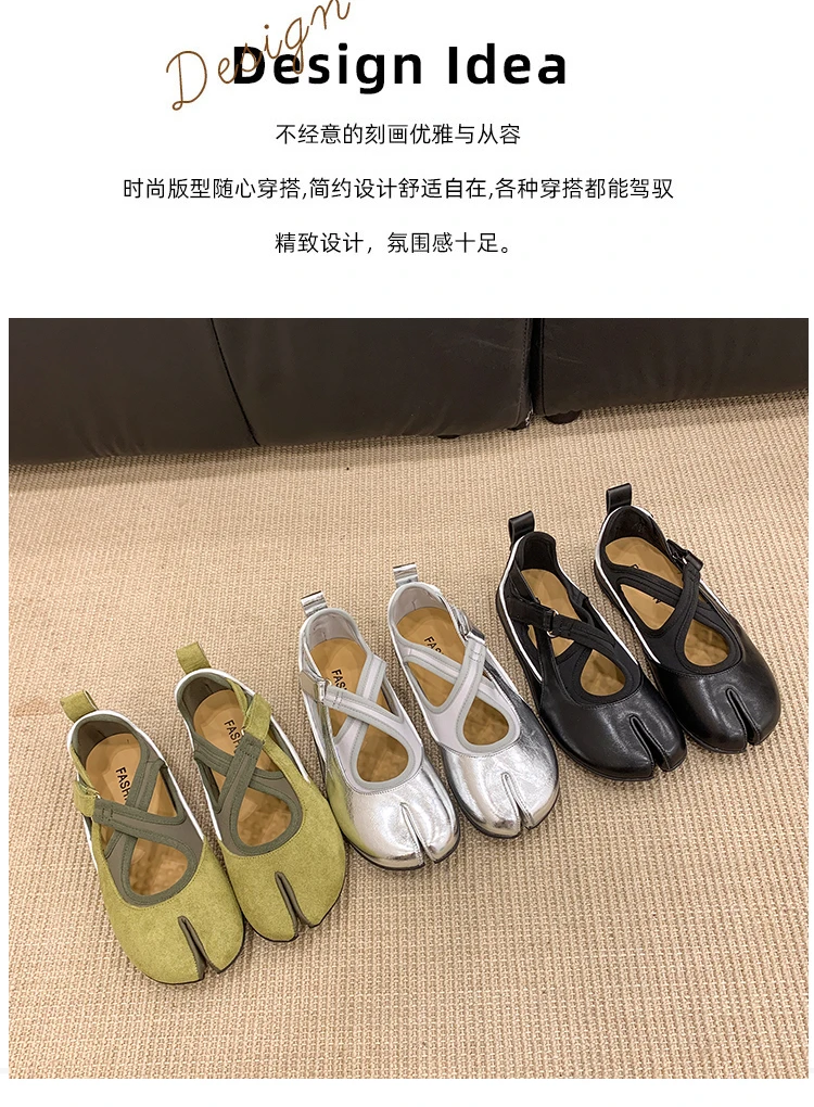 Women's 2026 New Tabi Ballet Flats Cross Strap Buckle Soft Leather Casual Shoes for Women Daily Outdoor Street Wear All Seasons
