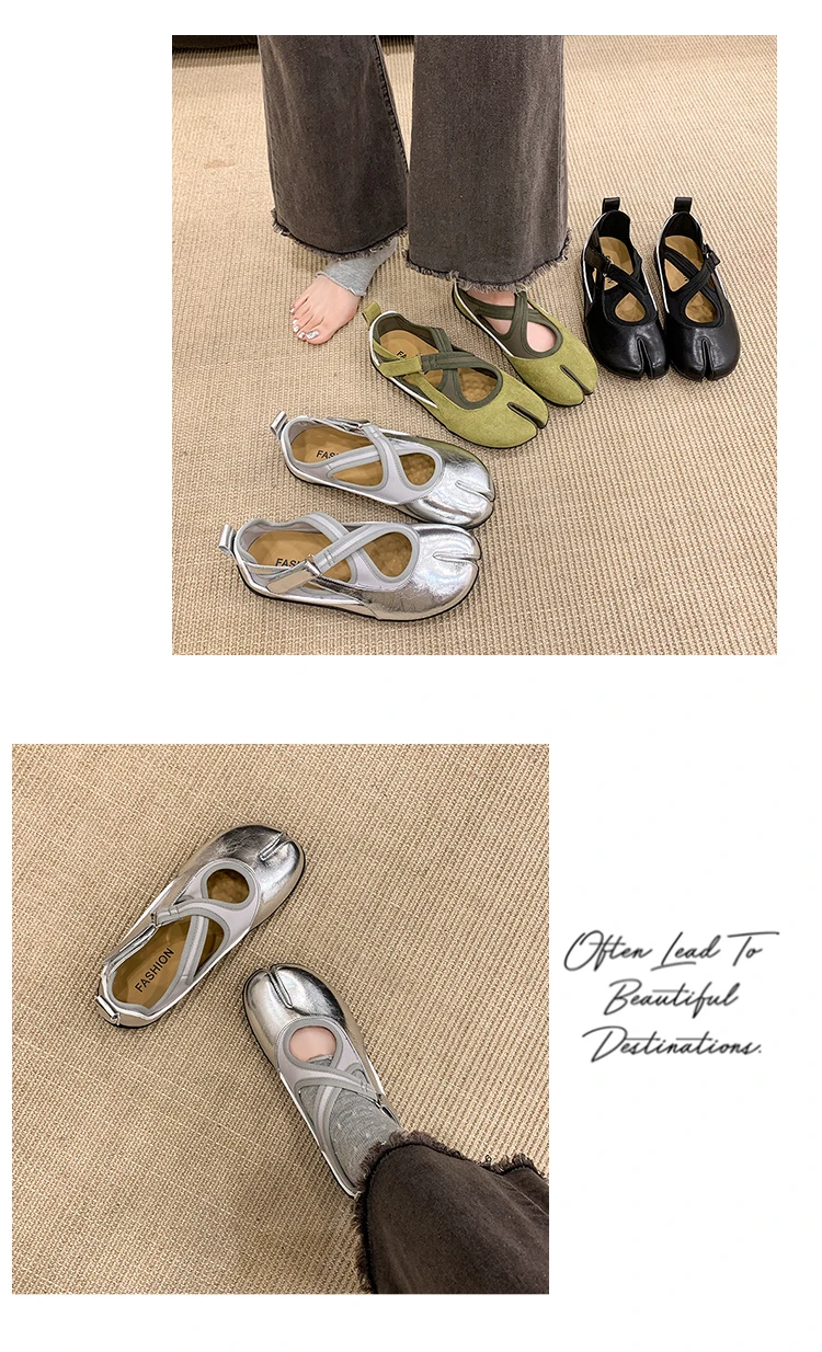 Women's 2026 New Tabi Ballet Flats Cross Strap Buckle Soft Leather Casual Shoes for Women Daily Outdoor Street Wear All Seasons