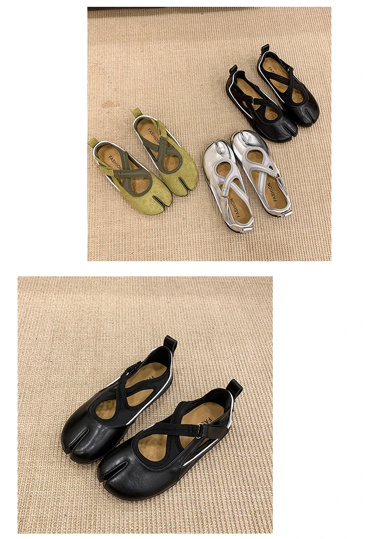Women's 2026 New Tabi Ballet Flats Cross Strap Buckle Soft Leather Casual Shoes for Women Daily Outdoor Street Wear All Seasons