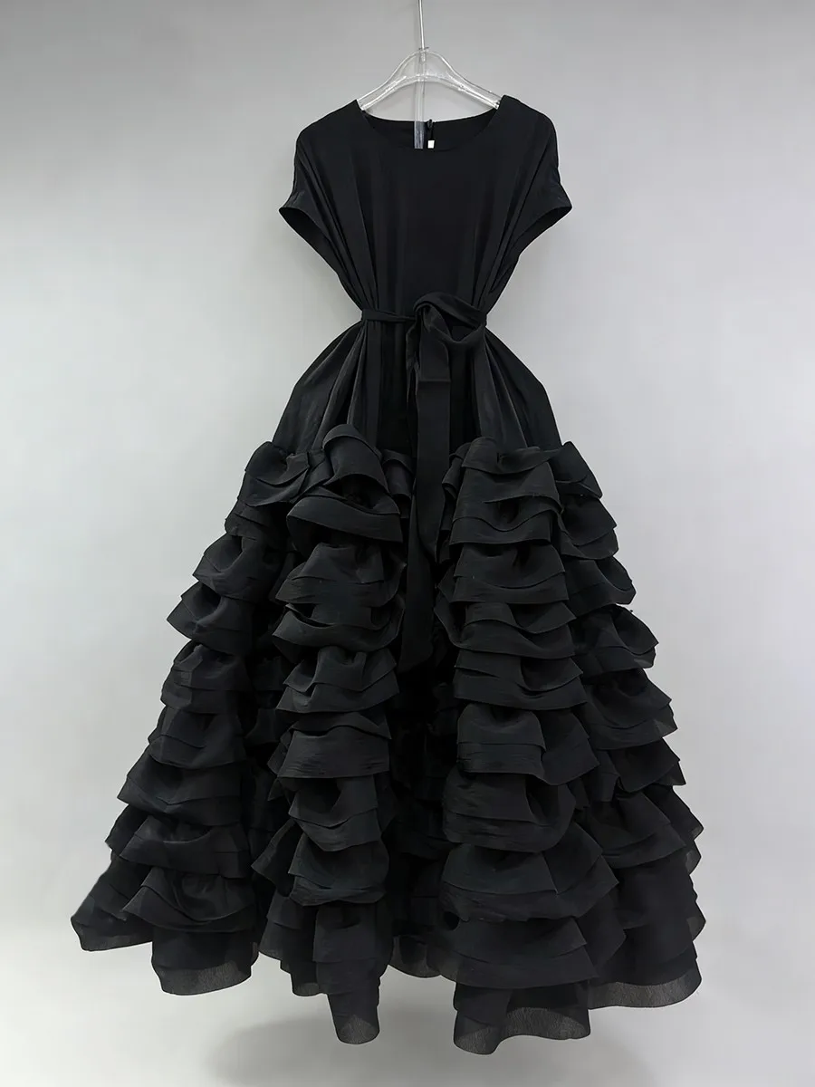 TWOTWINSTYLE Solid Spliced Ruffles Folds Fashion Dresses for Women O Neck Sleeveless High Waist Patchwork Lace Up Dress Female