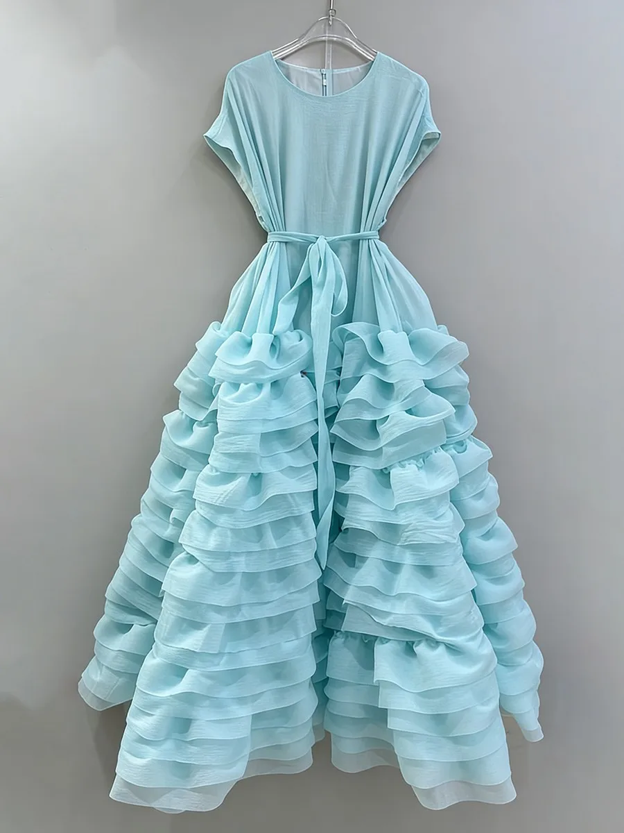 TWOTWINSTYLE Solid Spliced Ruffles Folds Fashion Dresses for Women O Neck Sleeveless High Waist Patchwork Lace Up Dress Female