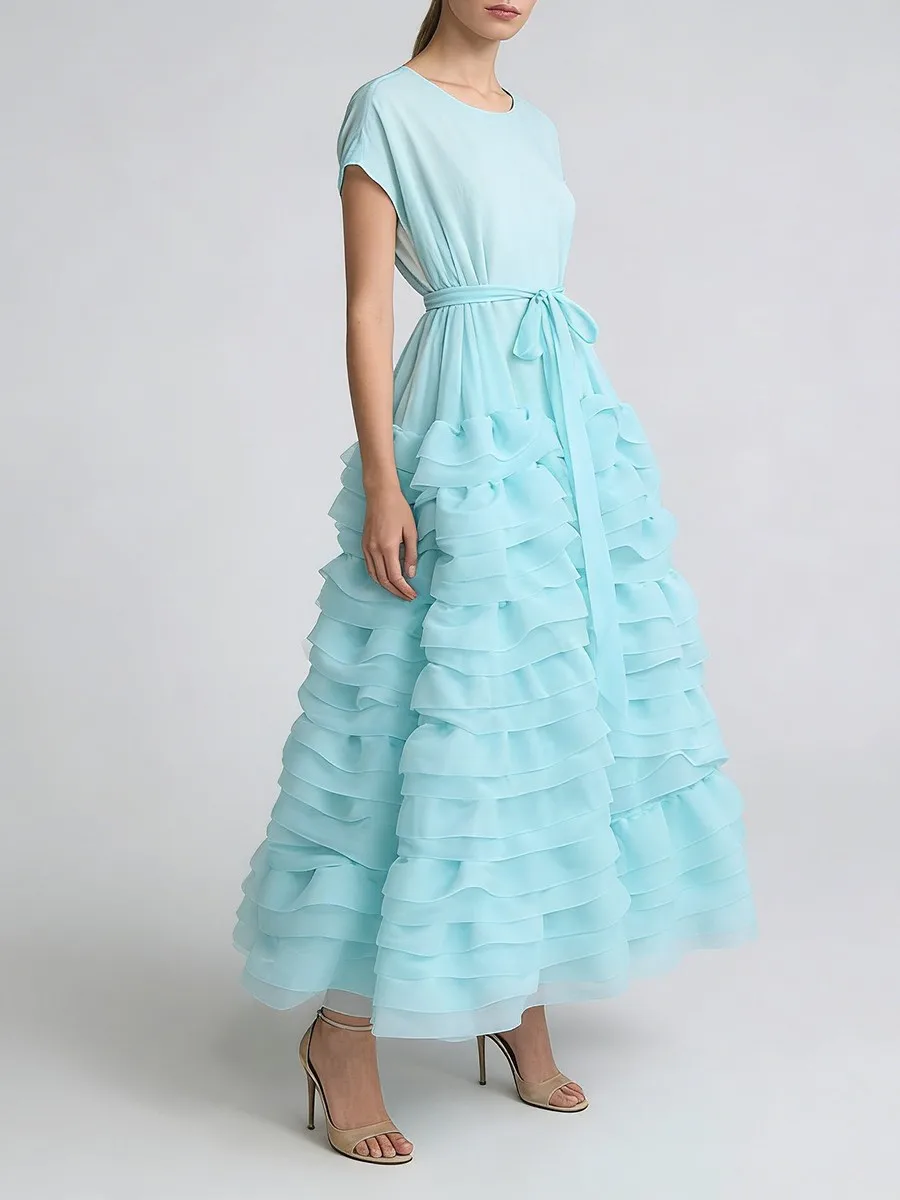 TWOTWINSTYLE Solid Spliced Ruffles Folds Fashion Dresses for Women O Neck Sleeveless High Waist Patchwork Lace Up Dress Female
