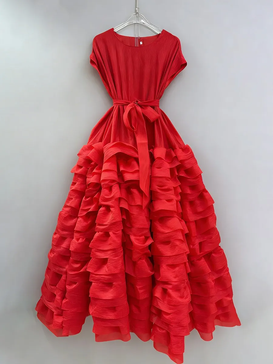 TWOTWINSTYLE Solid Spliced Ruffles Folds Fashion Dresses for Women O Neck Sleeveless High Waist Patchwork Lace Up Dress Female