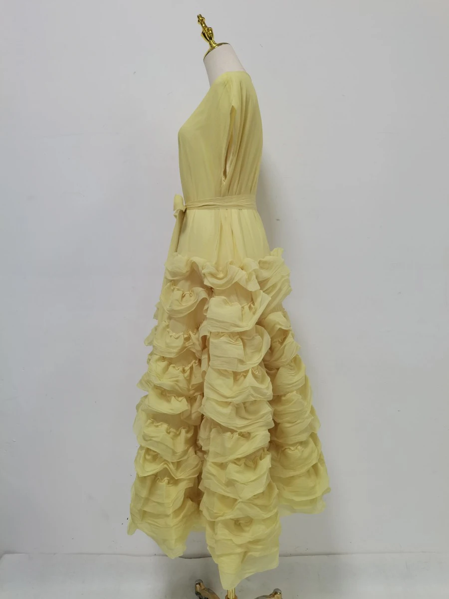 TWOTWINSTYLE Solid Spliced Ruffles Folds Fashion Dresses for Women O Neck Sleeveless High Waist Patchwork Lace Up Dress Female