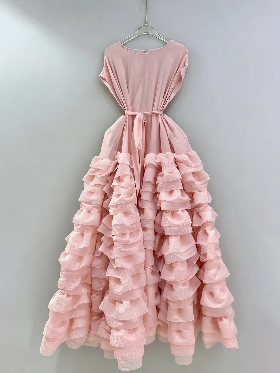 TWOTWINSTYLE Solid Spliced Ruffles Folds Fashion Dresses for Women O Neck Sleeveless High Waist Patchwork Lace Up Dress Female