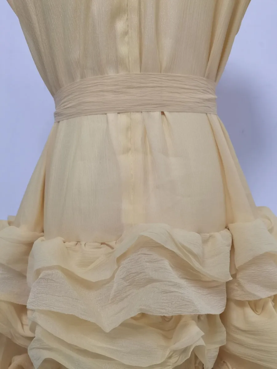 TWOTWINSTYLE Solid Spliced Ruffles Folds Fashion Dresses for Women O Neck Sleeveless High Waist Patchwork Lace Up Dress Female