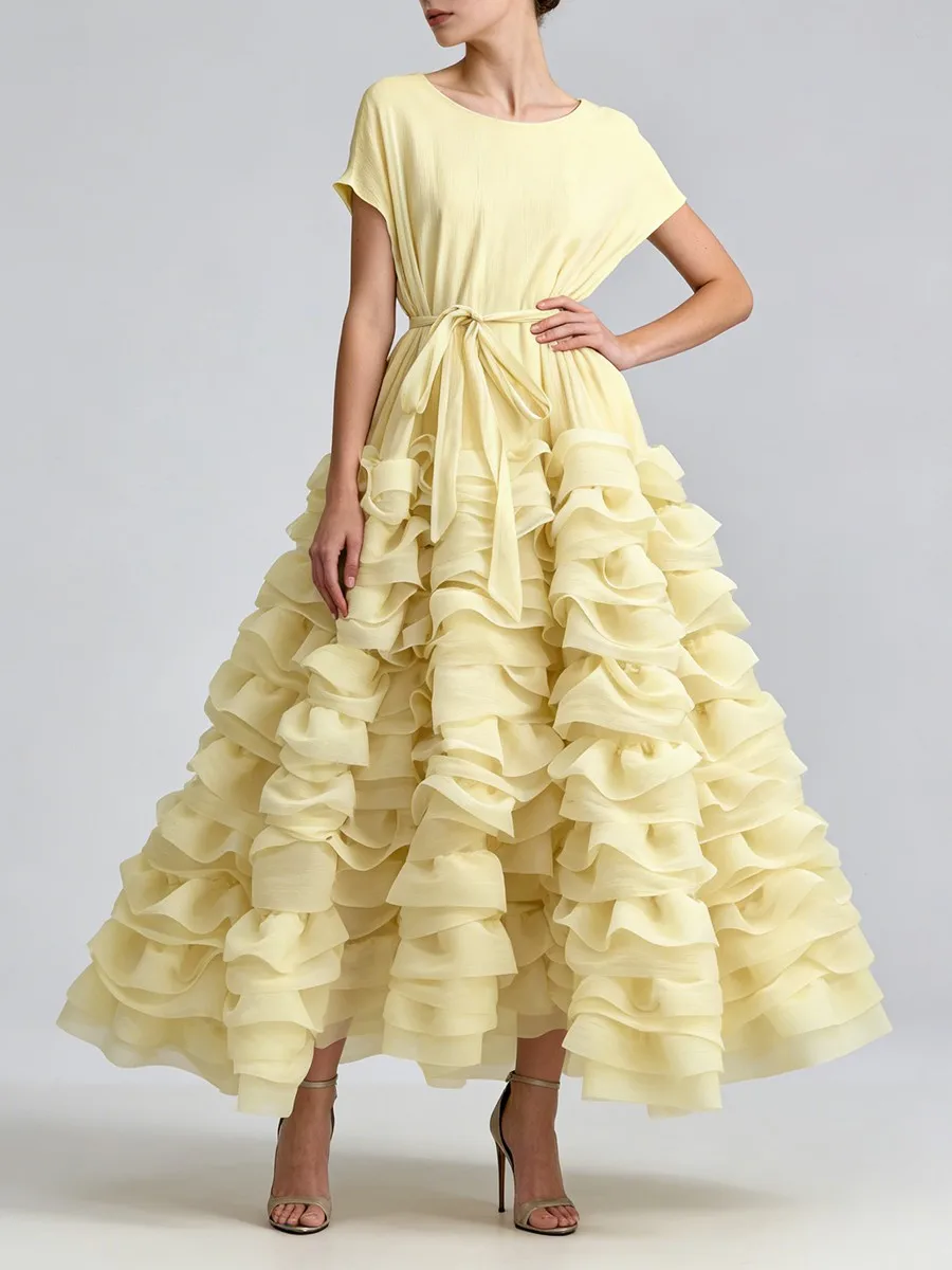 TWOTWINSTYLE Solid Spliced Ruffles Folds Fashion Dresses for Women O Neck Sleeveless High Waist Patchwork Lace Up Dress Female