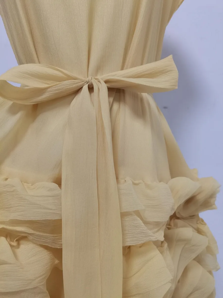 TWOTWINSTYLE Solid Spliced Ruffles Folds Fashion Dresses for Women O Neck Sleeveless High Waist Patchwork Lace Up Dress Female