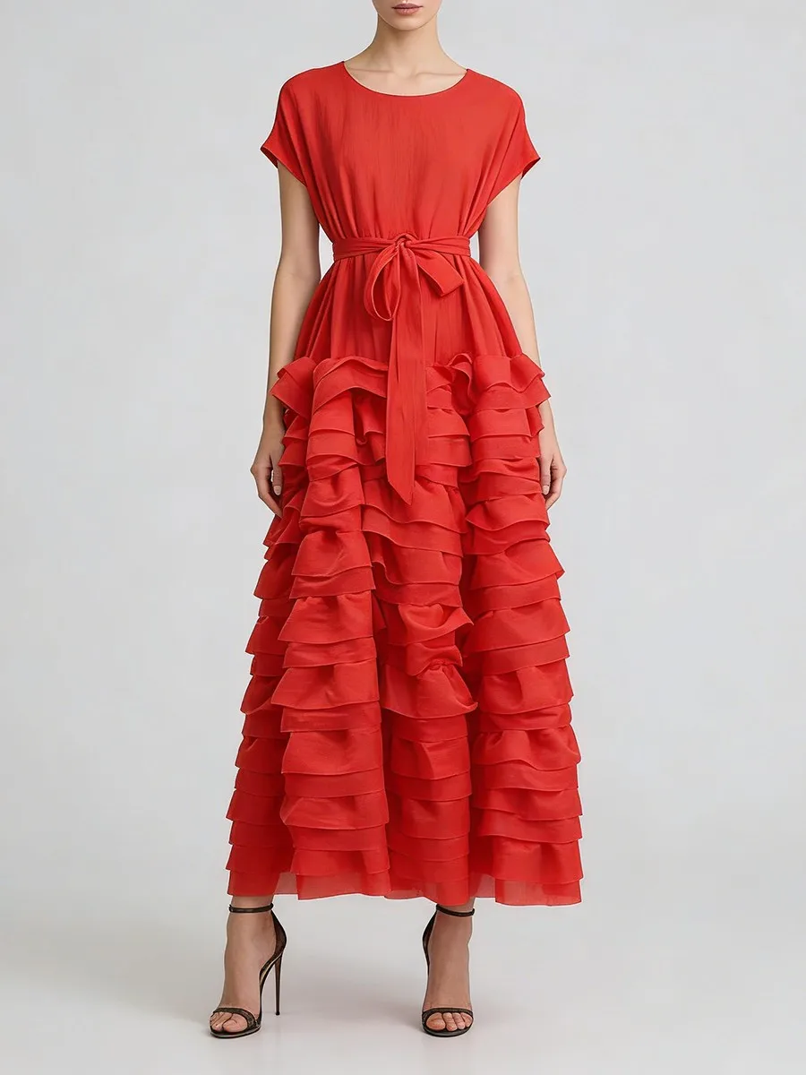 TWOTWINSTYLE Solid Spliced Ruffles Folds Fashion Dresses for Women O Neck Sleeveless High Waist Patchwork Lace Up Dress Female