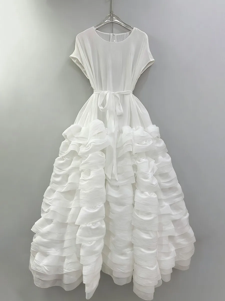 TWOTWINSTYLE Solid Spliced Ruffles Folds Fashion Dresses for Women O Neck Sleeveless High Waist Patchwork Lace Up Dress Female