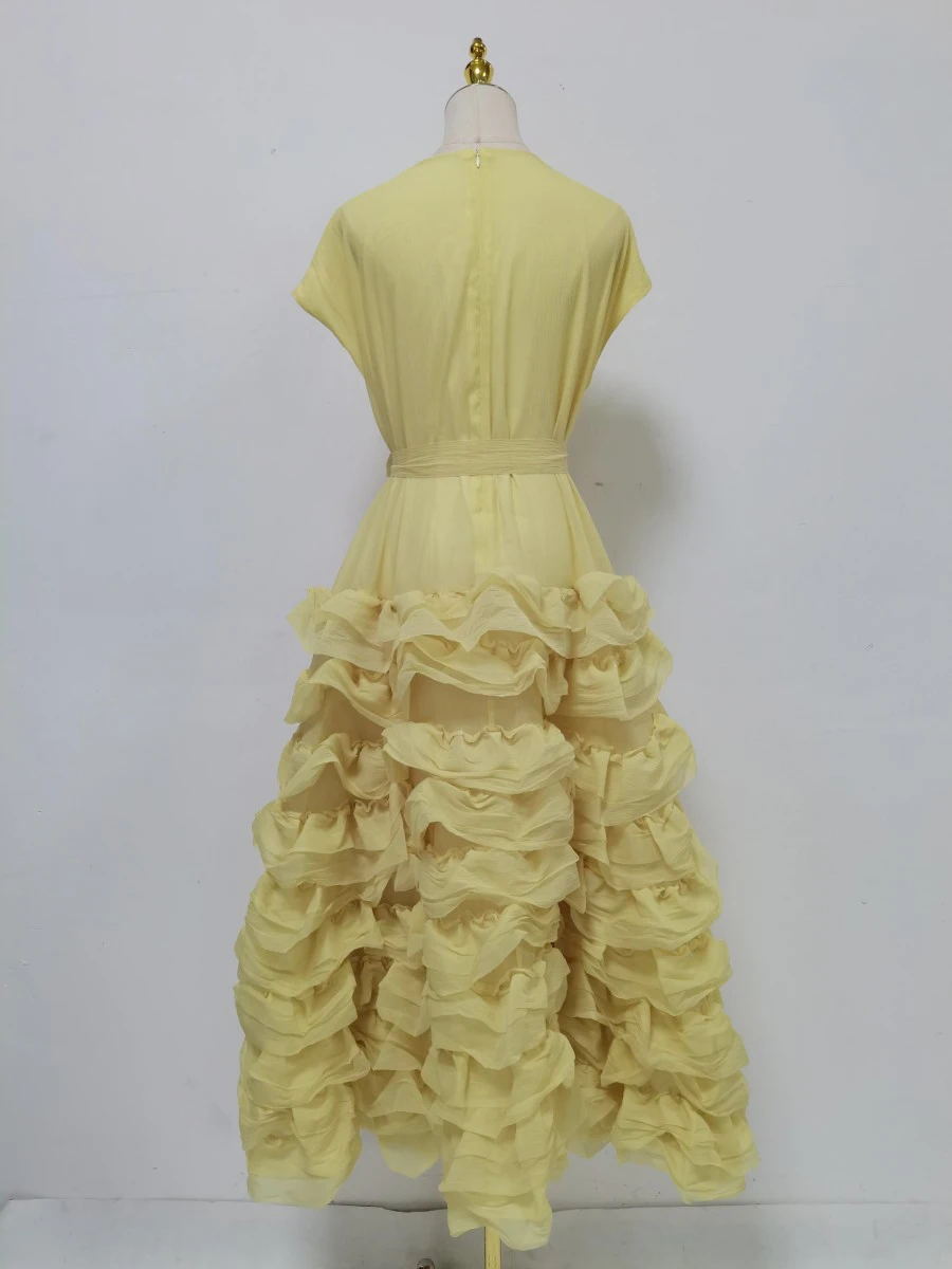 TWOTWINSTYLE Solid Spliced Ruffles Folds Fashion Dresses for Women O Neck Sleeveless High Waist Patchwork Lace Up Dress Female