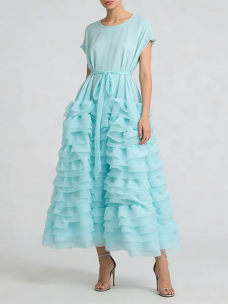 TWOTWINSTYLE Solid Spliced Ruffles Folds Fashion Dresses for Women O Neck Sleeveless High Waist Patchwork Lace Up Dress Female