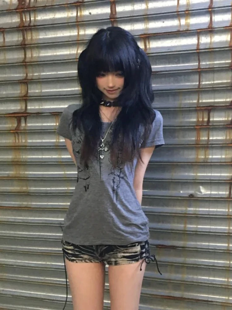 Tonngirls Japanese Y2k Print T Shirt Women Short Sleeve Slim Graphic Tops Streetwear American Retro 90s Grunge Tops E-girls