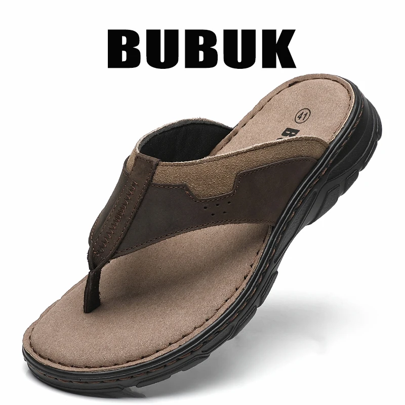 BUBUK Men's First-Layer Cowhide Sports Slippers, One-Pedal Outdoor Beach Shoes, Suitable for Travel and Hiking, Commuting to Wor