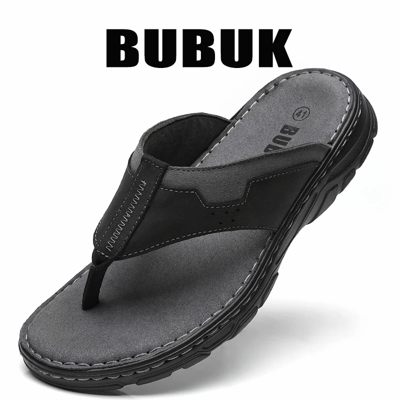 BUBUK Men's First-Layer Cowhide Sports Slippers, One-Pedal Outdoor Beach Shoes, Suitable for Travel and Hiking, Commuting to Wor