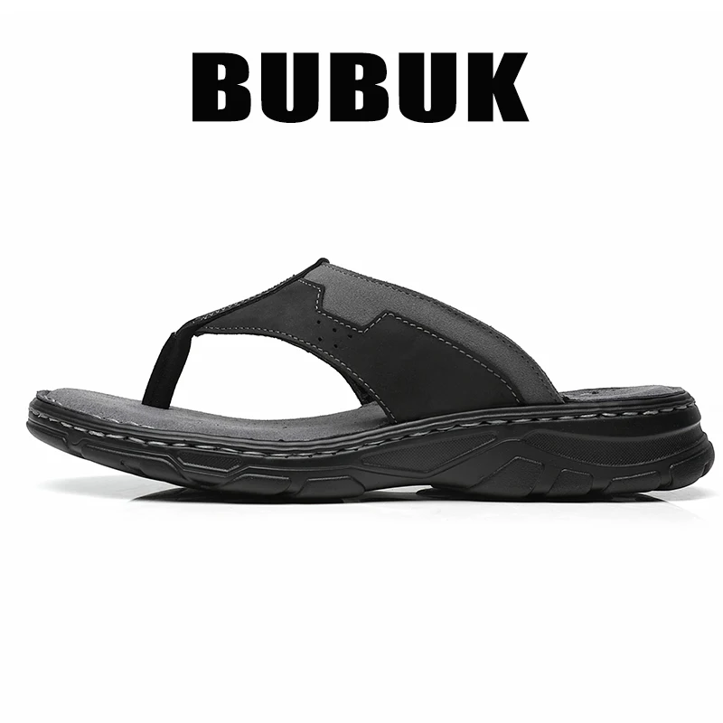 BUBUK Men's First-Layer Cowhide Sports Slippers, One-Pedal Outdoor Beach Shoes, Suitable for Travel and Hiking, Commuting to Wor