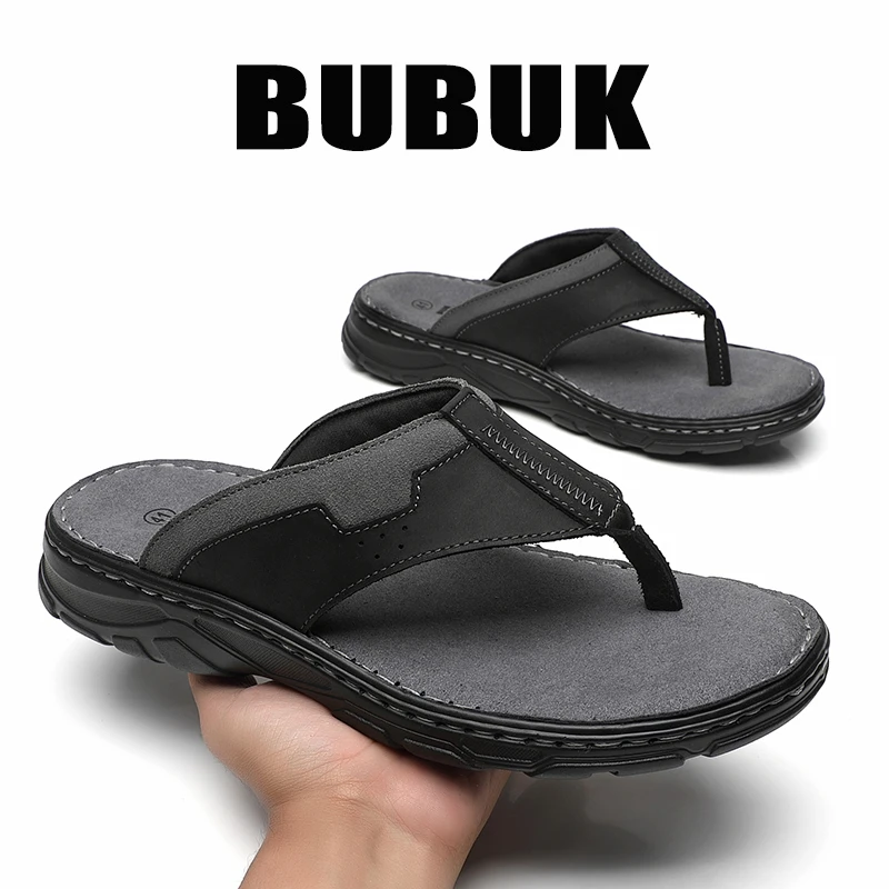 BUBUK Men's First-Layer Cowhide Sports Slippers, One-Pedal Outdoor Beach Shoes, Suitable for Travel and Hiking, Commuting to Wor