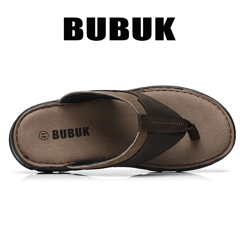 BUBUK Men's First-Layer Cowhide Sports Slippers, One-Pedal Outdoor Beach Shoes, Suitable for Travel and Hiking, Commuting to Wor